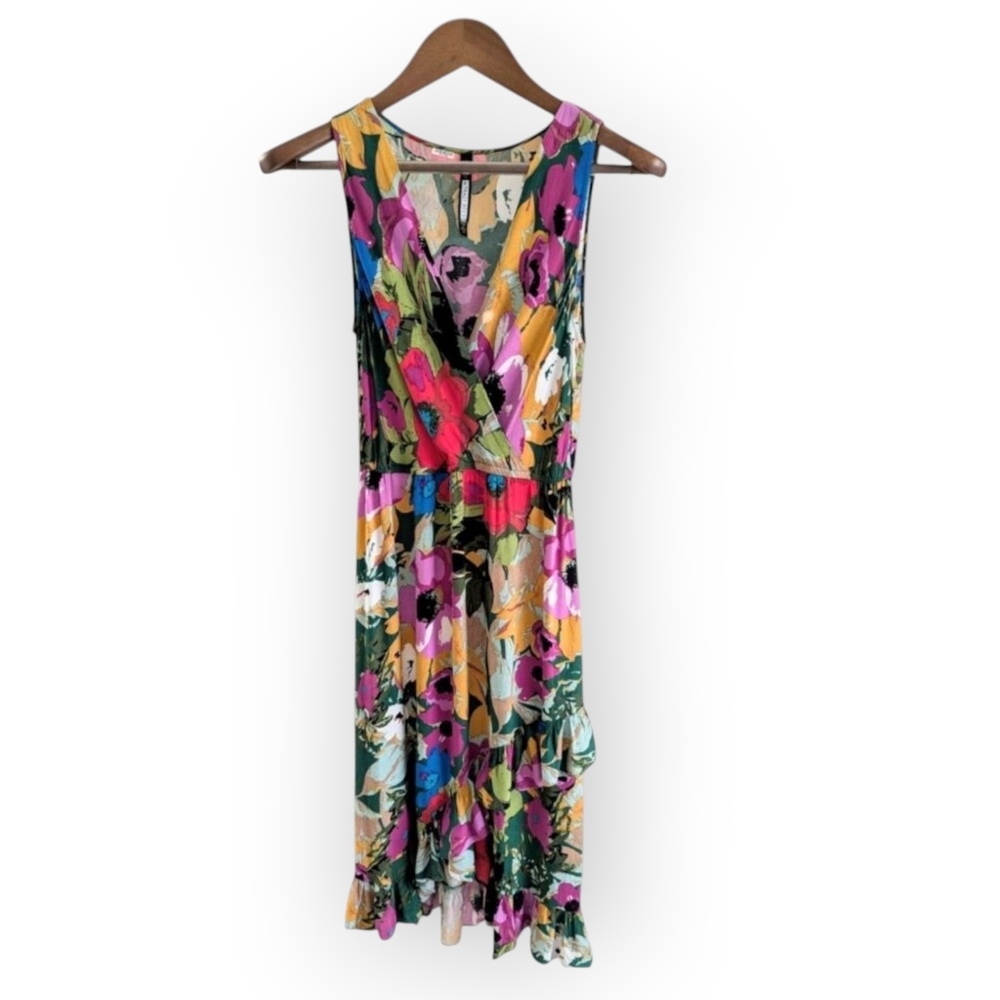 Anthropology Plenty by Ellen Tracy XS Colorful Floral V-Neck Wrap-Look Dress